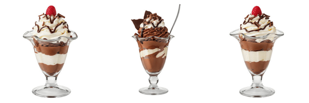 Set of chocolate mousse parfait in glass with whipped cream and raspberry isolated on transparent png background oil paint