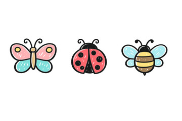 Obraz premium A set of three cute, hand-drawn insect icons featuring a colorful