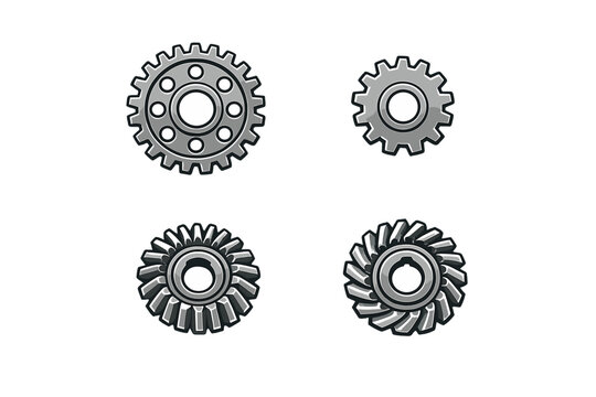 A collection of four distinct mechanical gear icons featuring spur