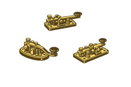 A collection of three vintage Morse code telegraph keys in a golden