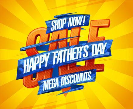 Happy Father's day mega discounts, vector sale banner mock up with ribbons and rays