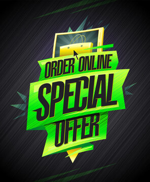 Order online special offer vector banner design with smartphone and shopping cart