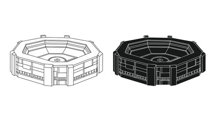 This image displays a black and white line drawing of an octagonal structure possibly a stadium or arena in two variations © ArtBySalea07