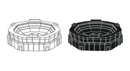 A detailed black and white illustration depicts two isometric views of a circular arena or stadium structure high quality professional modern © ArtBySalea07