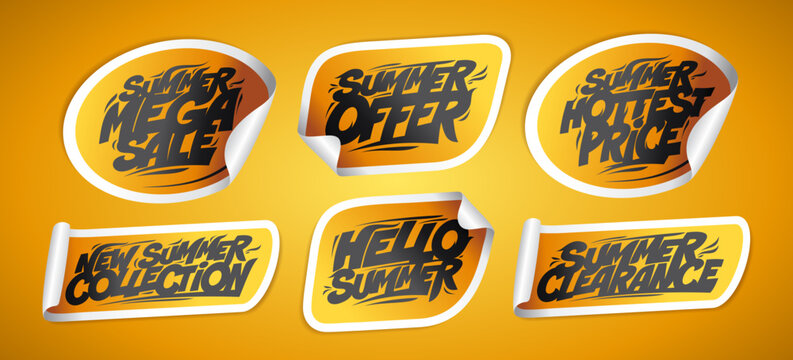 Summer mega sale, offer, hottest price, clearance, new summer collection, hello summer - vector discounts stickers set