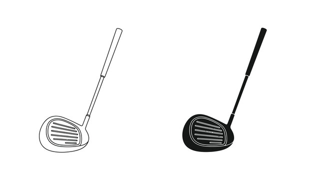 A minimalist illustration depicts two golf clubs one in a line drawing style and the other fully shaded in black
