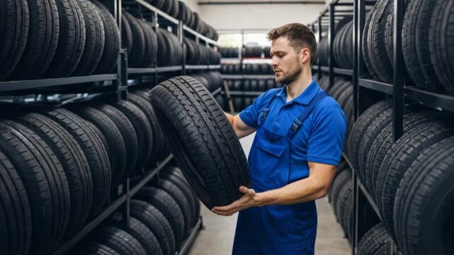 Male tire changer In the process of checking the condition of new tires in stock so that they can be replaced at a service center or auto repair shop.


