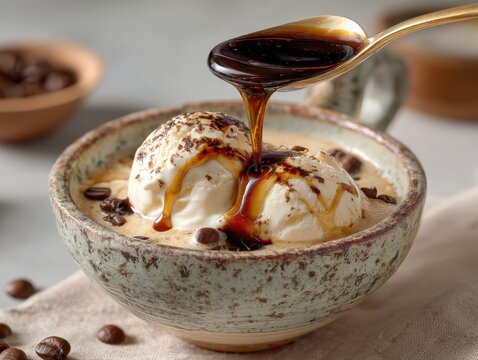 Golden spoon pou rich espresso over vanilla ice cream in a rustic ceramic bowl, creating a classic Italian affogato dessert with scattered coffee beans detail.