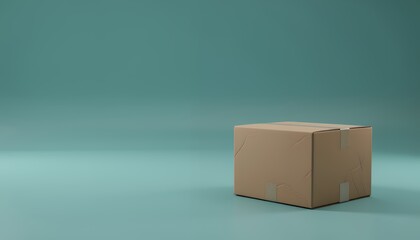 Obraz premium A Brown Cardboard Box with Tape Sits Isolated on a Solid Teal Background