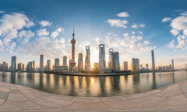 360-Degree Panorama of Shanghai Skyline at Sunset, Featuring Lujiazui Financial District with Oriental Pearl Tower Reflected in Huangpu River Water.