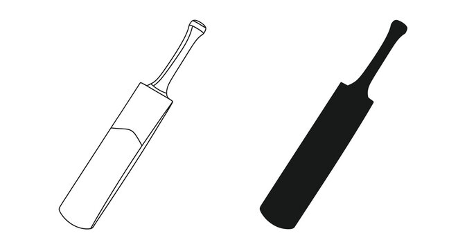 A minimalist depiction showcases two cricket bats one outlined and the other a solid black silhouette against a white background