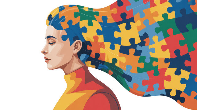 Woman profile with puzzle piece hair for neurodiversity awareness, isolated on transparent background