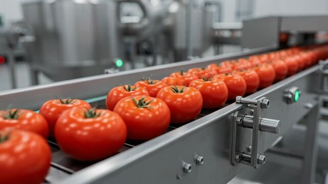 Fresh ripe tomatoes on conveyor belt in modern food processing factory with industrial machinery