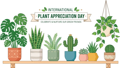 Fototapeta premium Various Potted Houseplants on Shelf for International Plant Appreciation Day