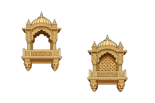 Two ornate golden Indian Jharokha windows with traditional Rajasthani