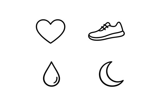 A set of four minimalist line icons representing health and wellness
