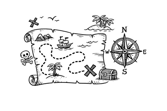 A hand-drawn pirate treasure map illustration featuring a dotted path