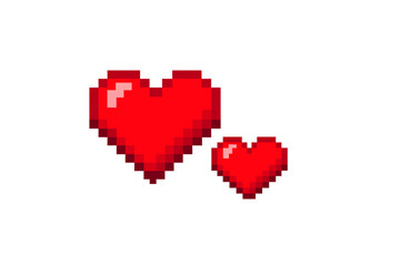 Fototapeta premium Two red pixel art hearts of different sizes isolated on a white