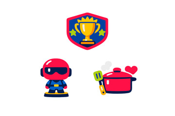Fototapeta premium A set of three flat vector icons featuring a gold trophy on a shield