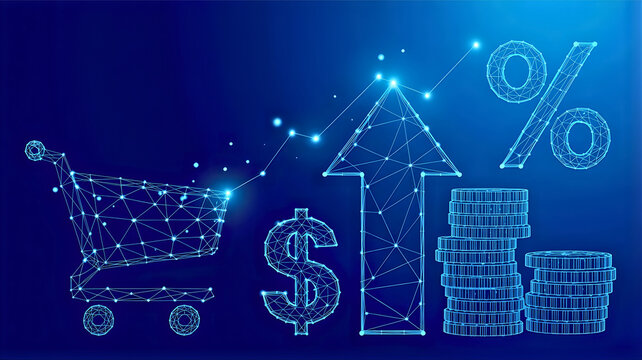 Digital economy and e-commerce growth. Futuristic wireframe art with shopping cart, financial symbols, upward trend graph, showing market success, business expansion