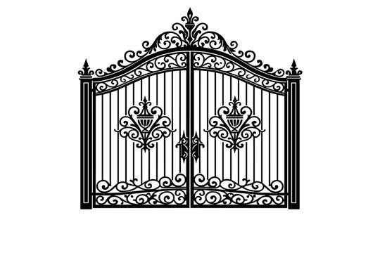 An intricate black silhouette of a decorative wrought iron gate