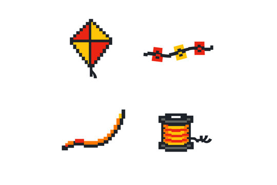 A collection of pixel art icons featuring a red and yellow diamond