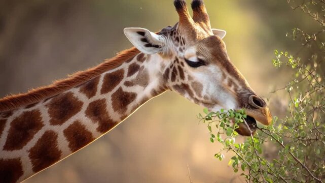 Wild giraffe feeding on green leaves, African safari wildlife close up portrait, long neck mammal in natural habitat, exotic animal grazing in golden sunlight, savanna nature conservation concept, det