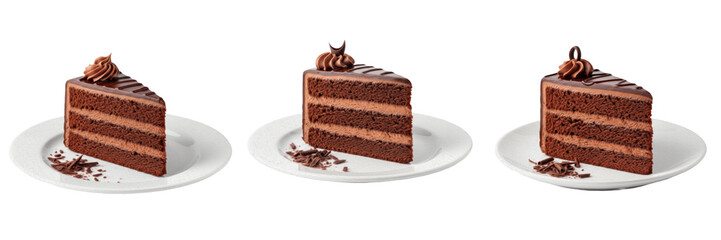 Obraz premium Set of chocolate layer cake slice on white plate with shavings isolated on transparent png background oil paint