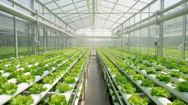Modern hydroponic greenhouse with rows of fresh green lettuce plants growing indoors