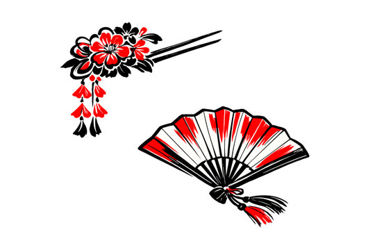 A set of Japanese cultural icons including a floral kanzashi hairpin