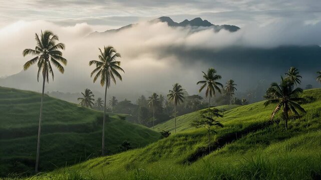 Tropical green hills with palm trees and misty mountain landscape in the morning light