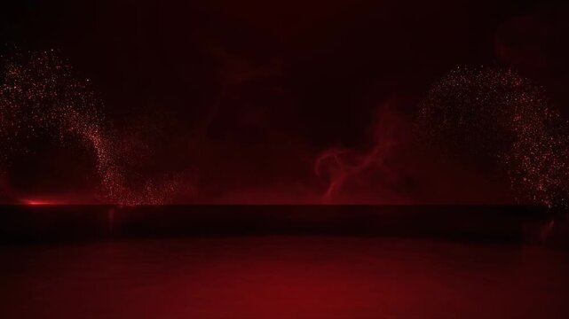 Dark red glowing stage with sparkling dust particles and smoky mist background for dramatic effect