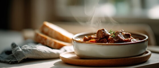 Cozy slow cooked comfort meal with warm home atmosphere and rustic modern styling