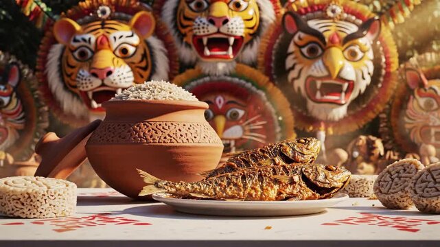 Vibrant pohela boishakh celebration with traditional hilsa fish and rice in a clay pot, set against festive bengali tiger masks.