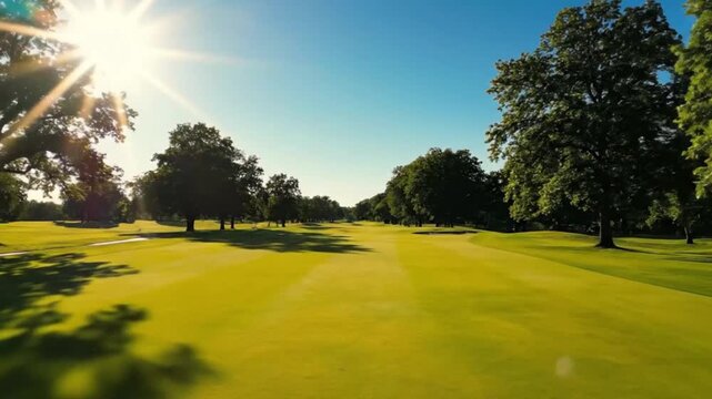 A serene golf course on a sunny day with lush green grass and trees lining the fairway under a clear blue sky