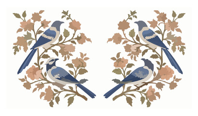 Mughal Mural Style Birds and Floral Decorative Vector Illustration © MstMahsina