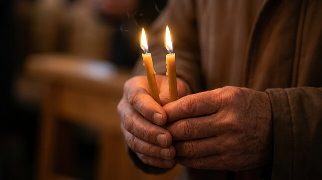 Close-up of Elderly Person Holding Two Lit Candles in Warm Ambiance