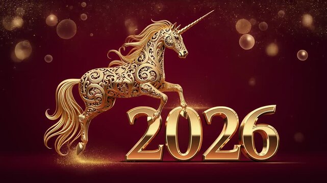 Elegant golden unicorn with decorative patterns celebrating the year 2026 on a festive background