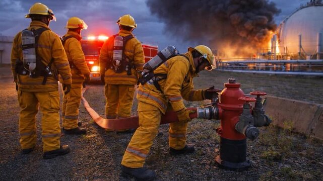 Firefighters working with fire hydrant against burning fuel tank and smoke.

