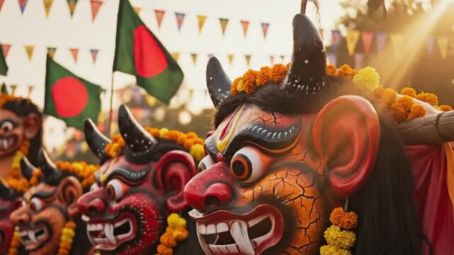 Vibrant bengali masks adorned with marigold garlands celebrate pohela boishakh under warm sunlight.