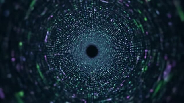 Abstract vortex of digital code and light, creating a tunnel effect with a dark center and glowing edges