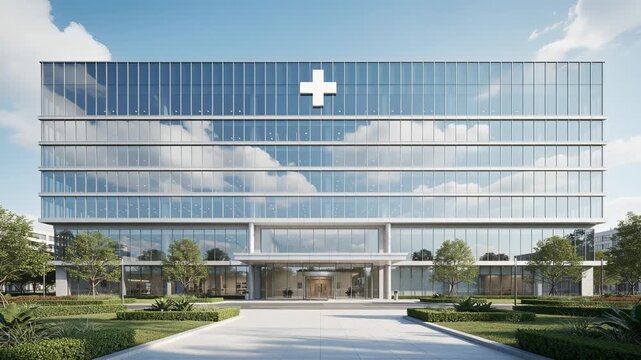 Modern hospital building with glass facade and medical cross sign in a landscaped environment under clear sky
