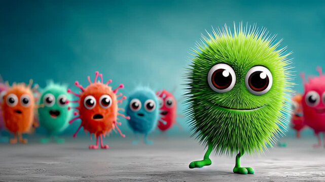 Green fluffy cartoon character with large eyes walks playfully among colorful microbes in a whimsical setting, showcasing a vibrant and engaging atmosphere