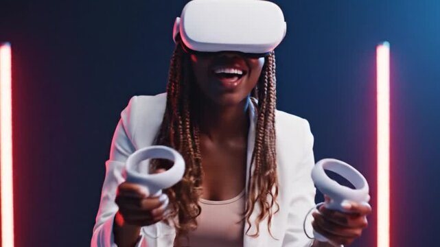 A woman wearing a vr headset and holding controllers stands between two glowing red lights in a dark room with a futuristic atmosphere and neon lighting