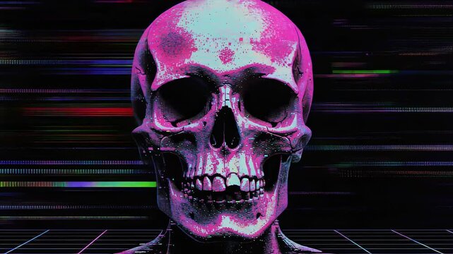 Digital art of a vibrant neon skull with glitch effects and futuristic cyberpunk style background