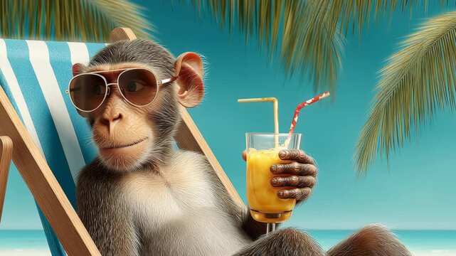 Monkey relaxing in a beach chair wearing sunglasses, holding a tropical drink with two straws, surrounded by palm trees and a clear blue sky in a tropical setting