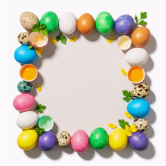 Obraz premium Colorful Easter eggs border frame with leaves and petals on white background