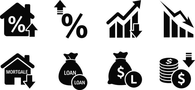 Financial icons displaying growth loss and housing market trends silhouette