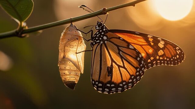 Monarch butterfly emerging from chrysalis with sunset background close up nature transformation