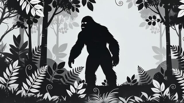 Mysterious bigfoot silhouette walking through dense forest with lush plants and trees in black and white